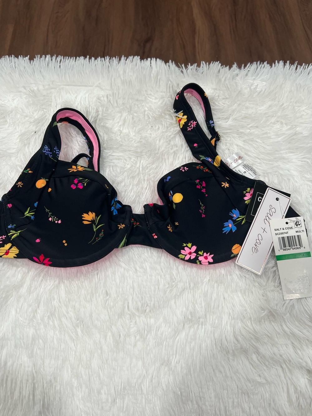 Floral Underwire Bikini Top - Black with Pink & Yellow Flowers